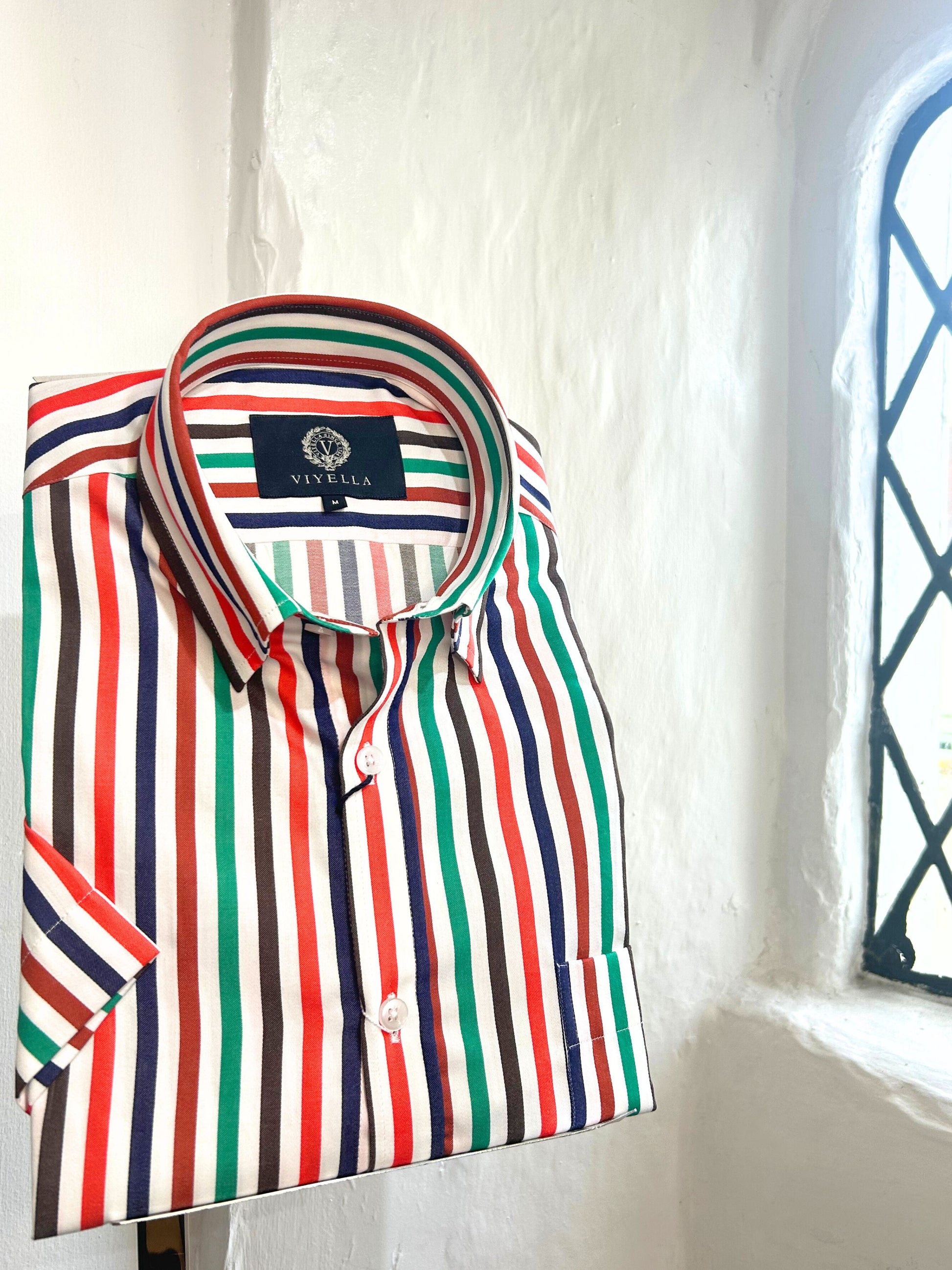 GREEN AND RED STRIPED SHORT SLEEVED SHIRT Hansfords Menswear GREEN AND RED STRIPED SHORT SLEEVED SHIRT Hansfords Menswear