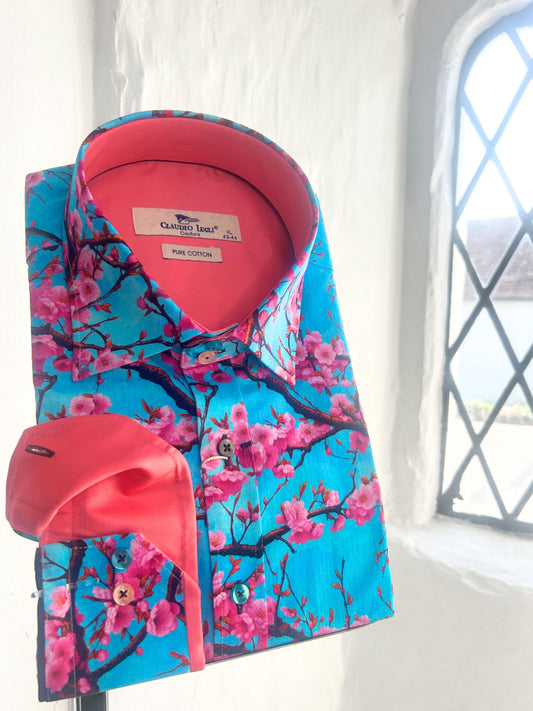 BLUE WITH PINK CHERRY BLOSSOM PRINT LONG SLEEVE SHIRT