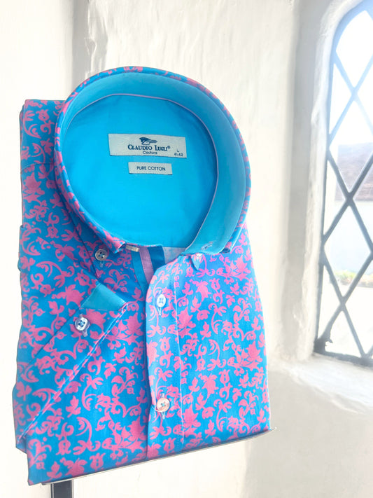 PINK AND AQUA BAROQUE SWIRL PRINT SHORT SLEEVE SHIRT