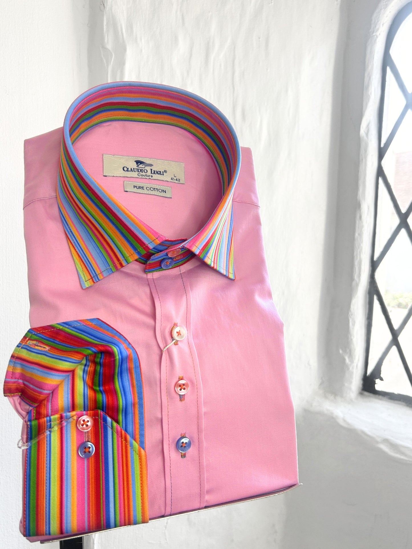 RAINBOW STRIPED COLLAR LONG SLEEVE PINK SHIRT