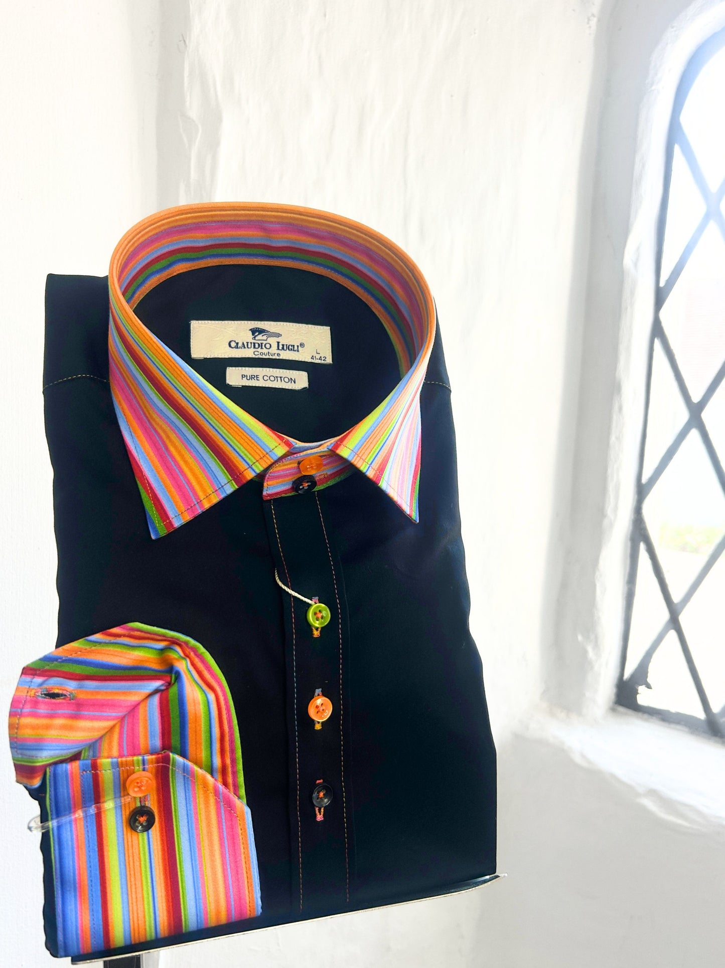 RAINBOW STRIPED COLLAR LONG SLEEVE BLACK SHIRT