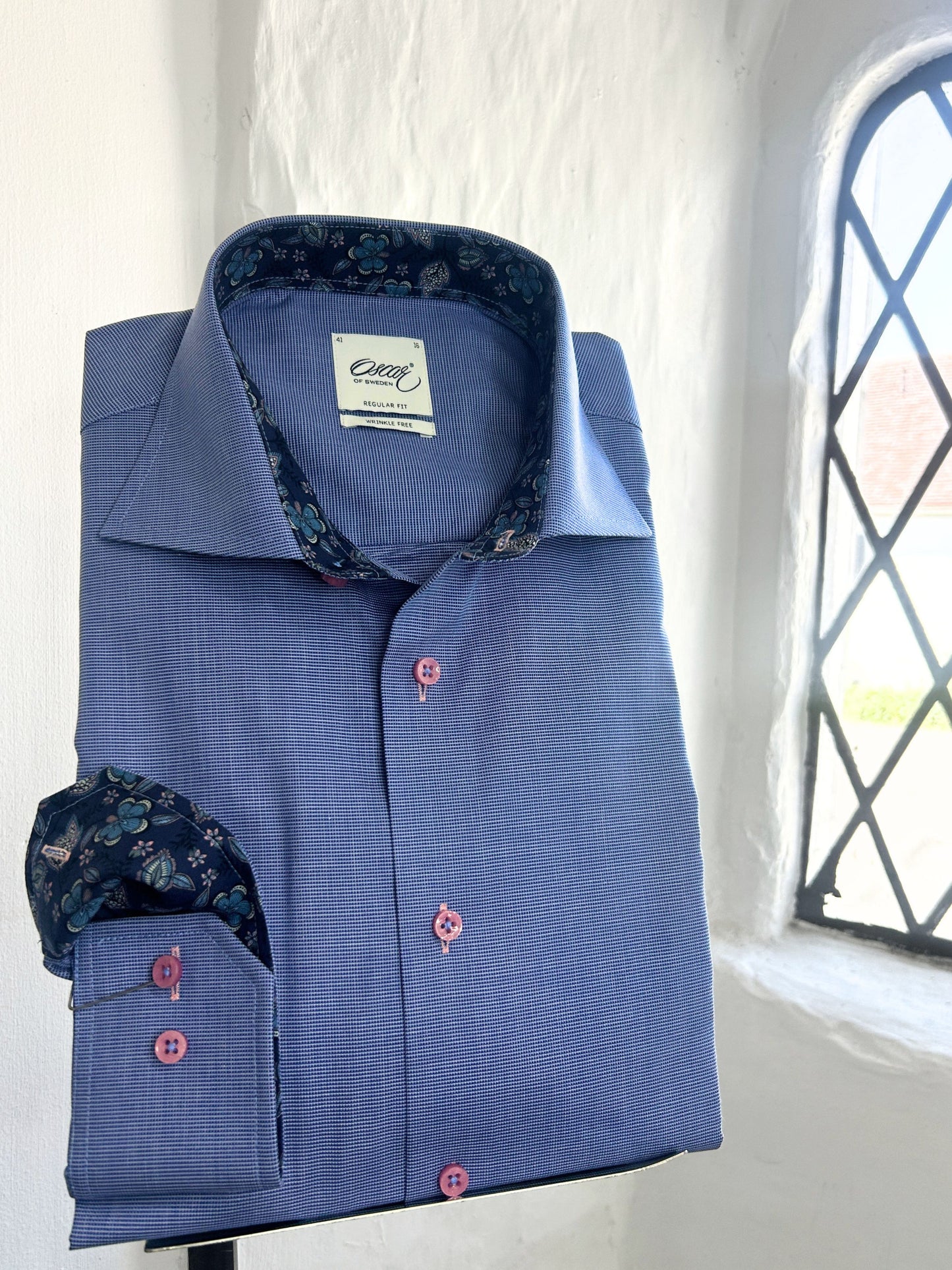 DARK BLUE PLAIN LONG SLEEVE SHIRT WITH BLUE FLORAL INSERT