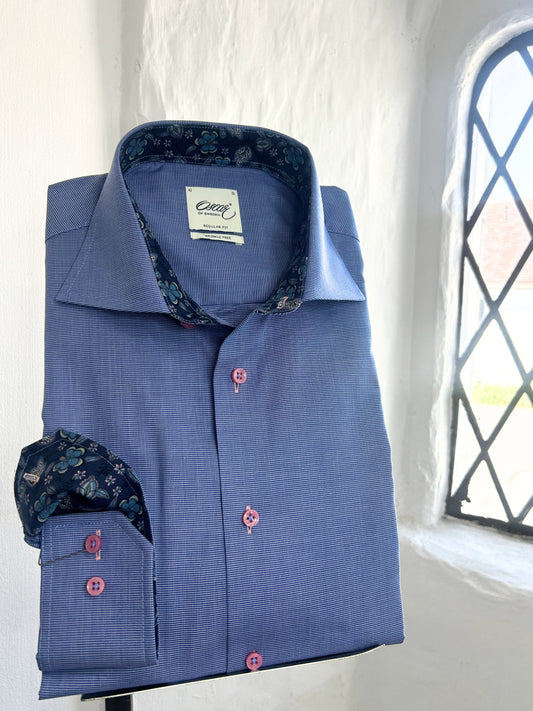 DARK BLUE PLAIN LONG SLEEVE SHIRT WITH BLUE FLORAL INSERT