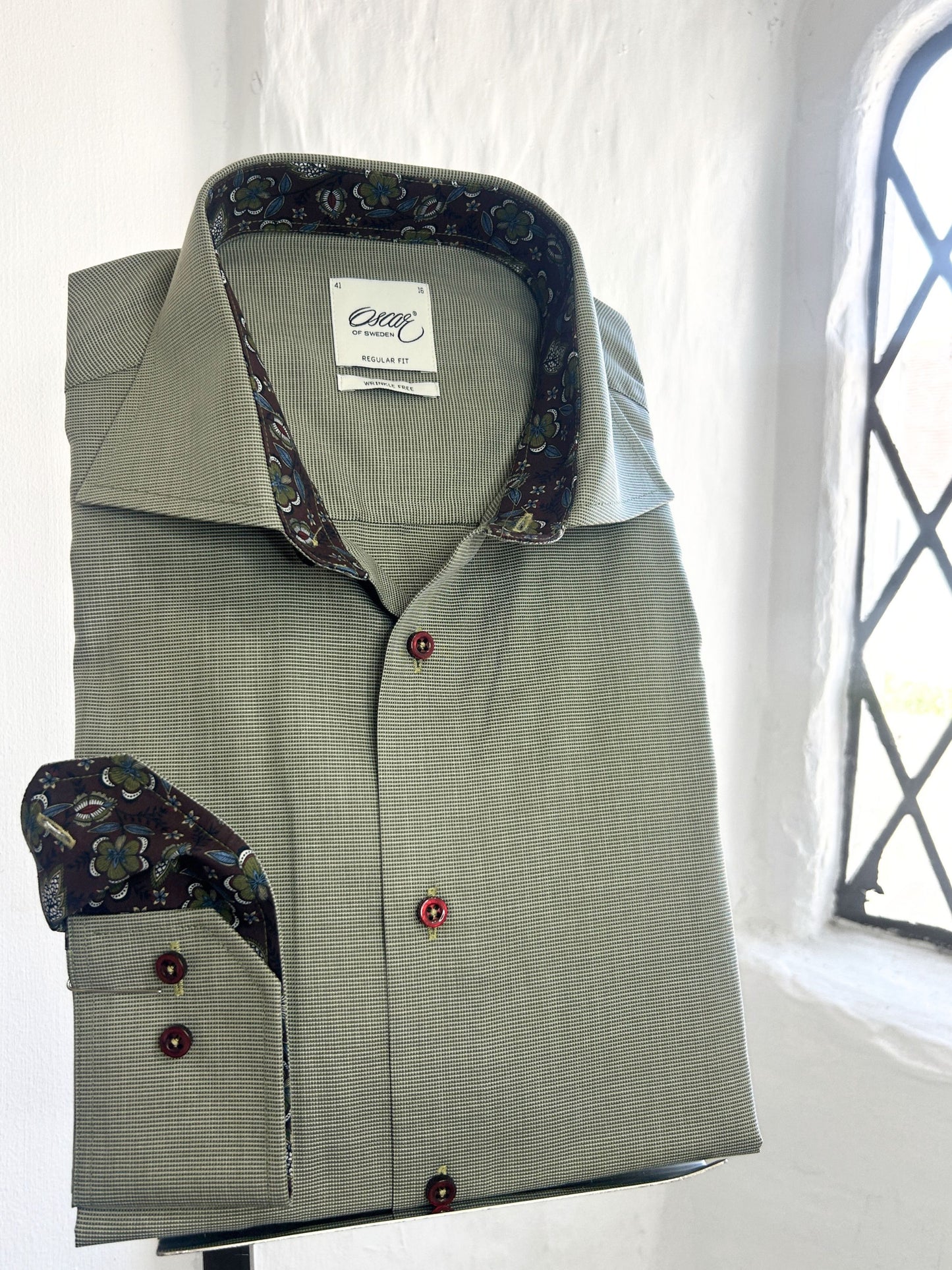 KHAKI GREEN PLAIN LONG SLEEVE SHIRT WITH BLUE FLORAL INSERT