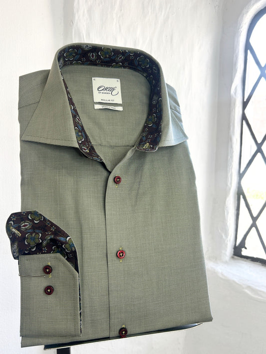 KHAKI GREEN PLAIN LONG SLEEVE SHIRT WITH BLUE FLORAL INSERT