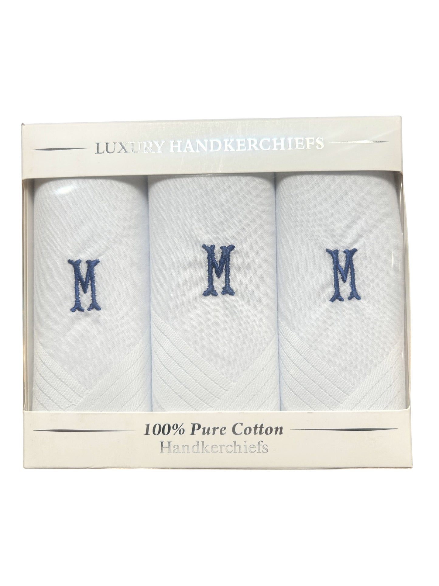 WHITE SATIN HANDKERCHIEF WITH BLUE INITIAL M