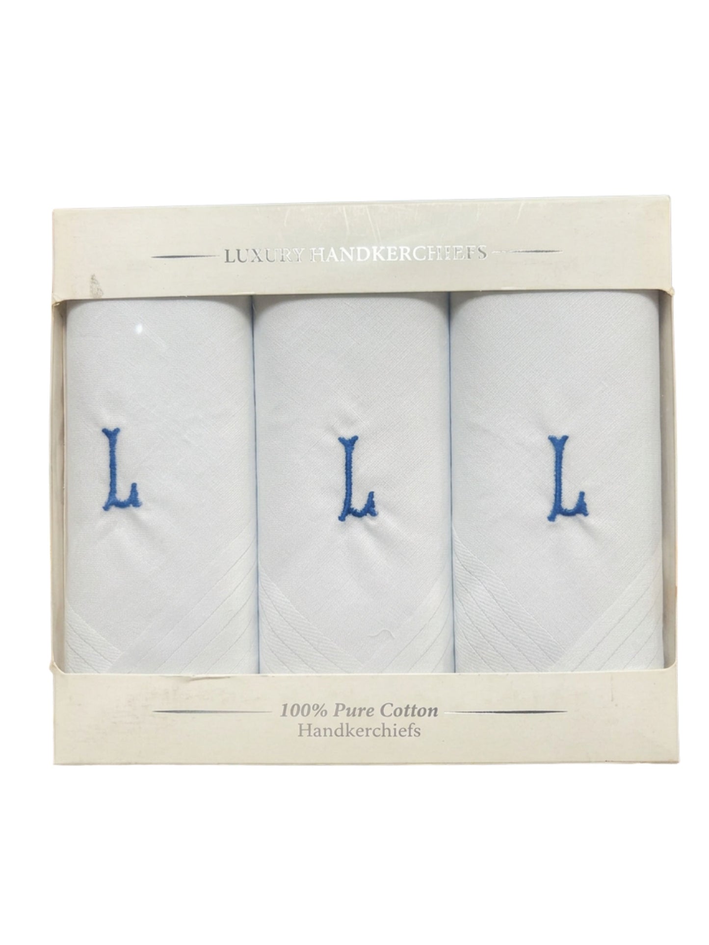 WHITE SATIN HANDKERCHIEF WITH BLUE INITIAL L