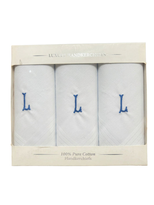 WHITE SATIN HANDKERCHIEF WITH BLUE INITIAL L