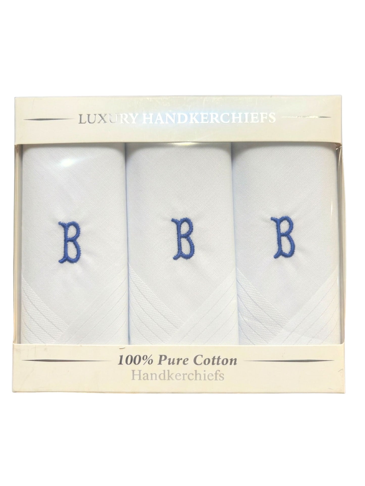 WHITE SATIN HANDKERCHIEF WITH BLUE INITIAL B