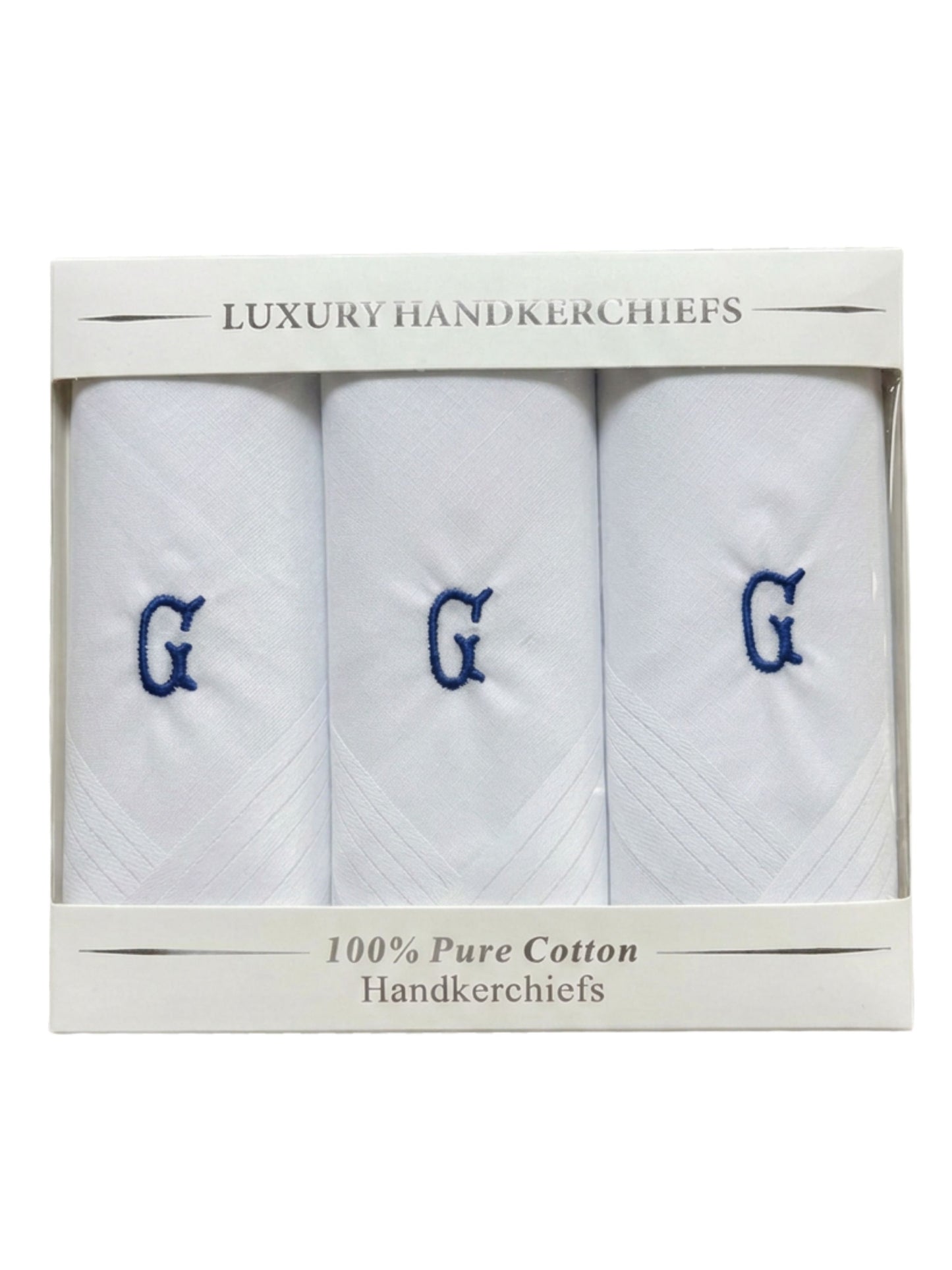 WHITE SATIN HANDKERCHIEF WITH BLUE INITIAL G