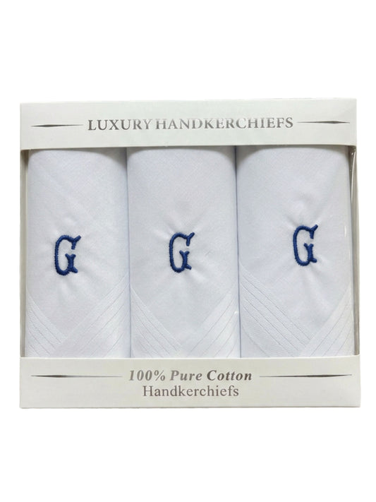 WHITE SATIN HANDKERCHIEF WITH BLUE INITIAL G