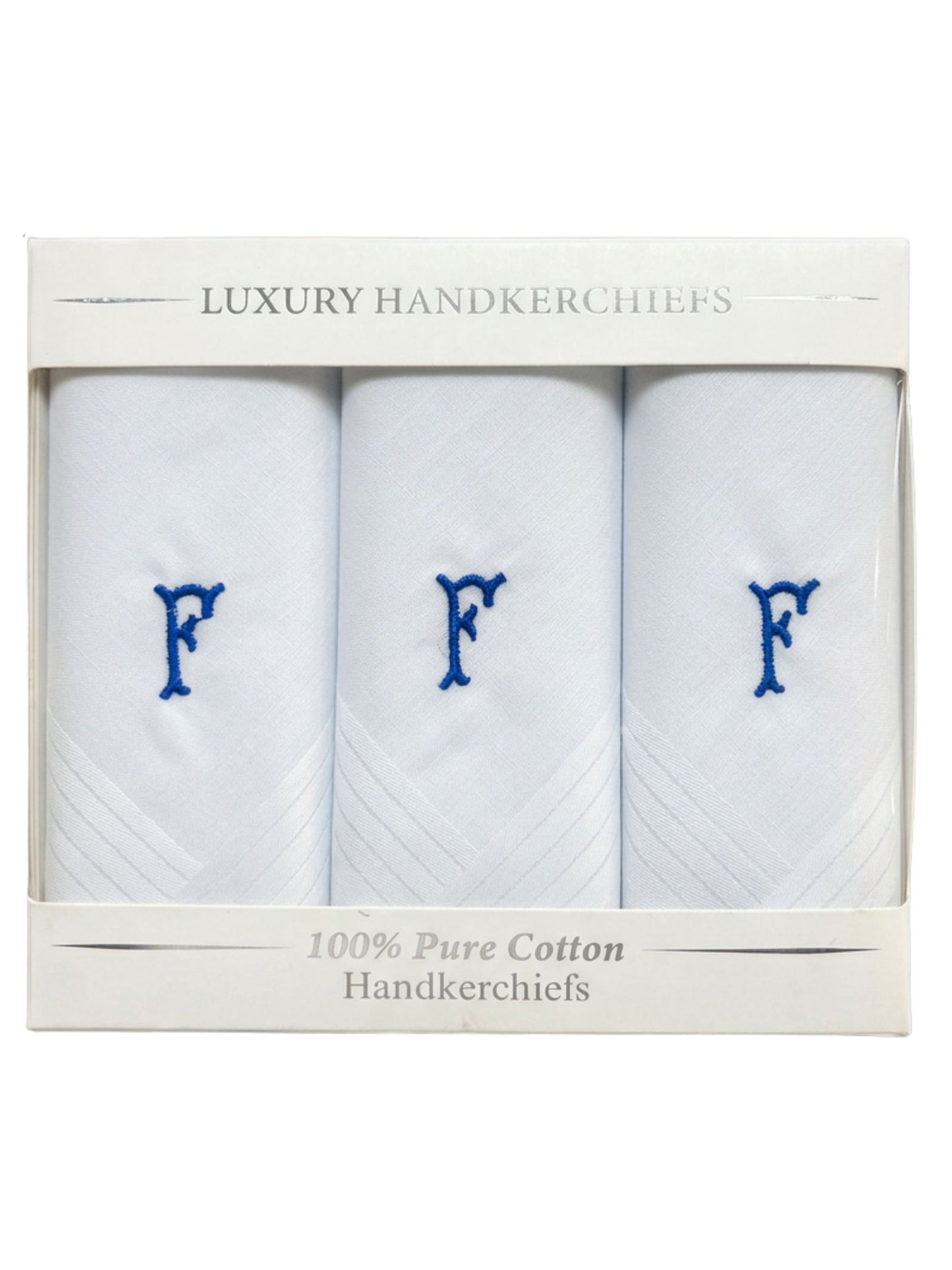 WHITE SATIN HANDKERCHIEF WITH BLUE INITIAL F