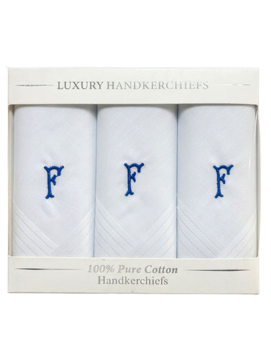 WHITE SATIN HANDKERCHIEF WITH BLUE INITIAL F