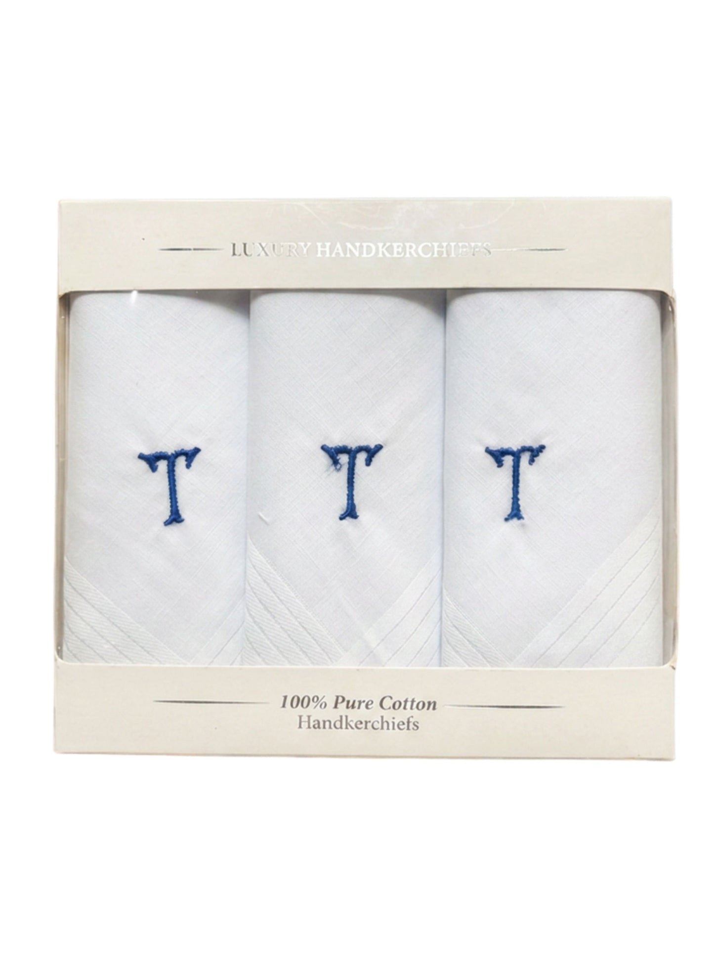 WHITE SATIN HANDKERCHIEF WITH BLUE INITIAL T
