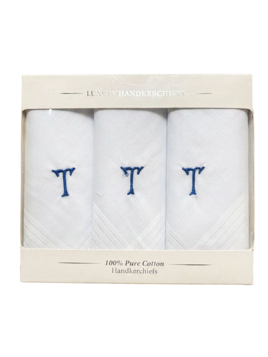 WHITE SATIN HANDKERCHIEF WITH BLUE INITIAL T