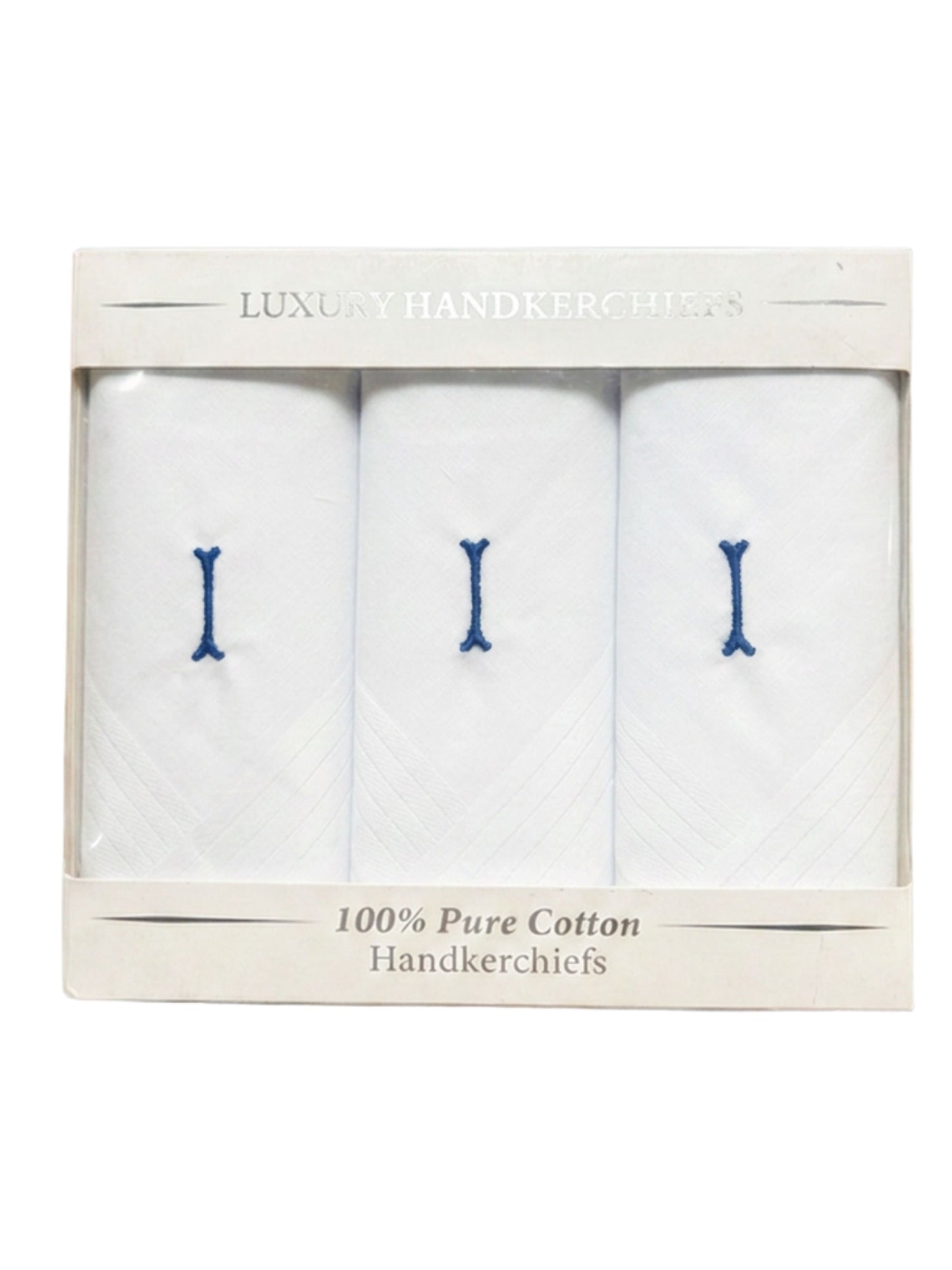 WHITE SATIN HANDKERCHIEF WITH BLUE INITIAL I