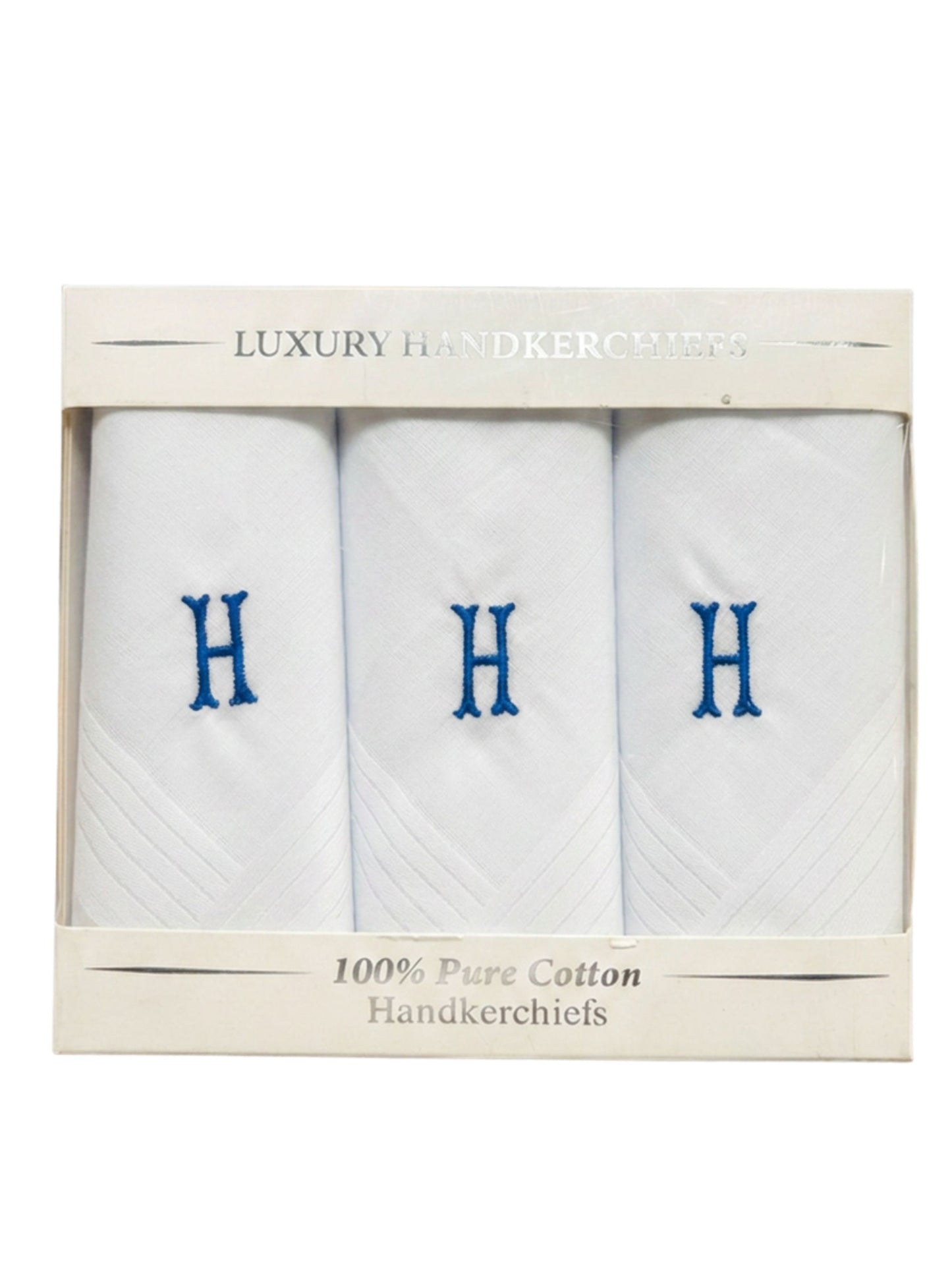 WHITE SATIN HANDKERCHIEF WITH BLUE INITIAL H