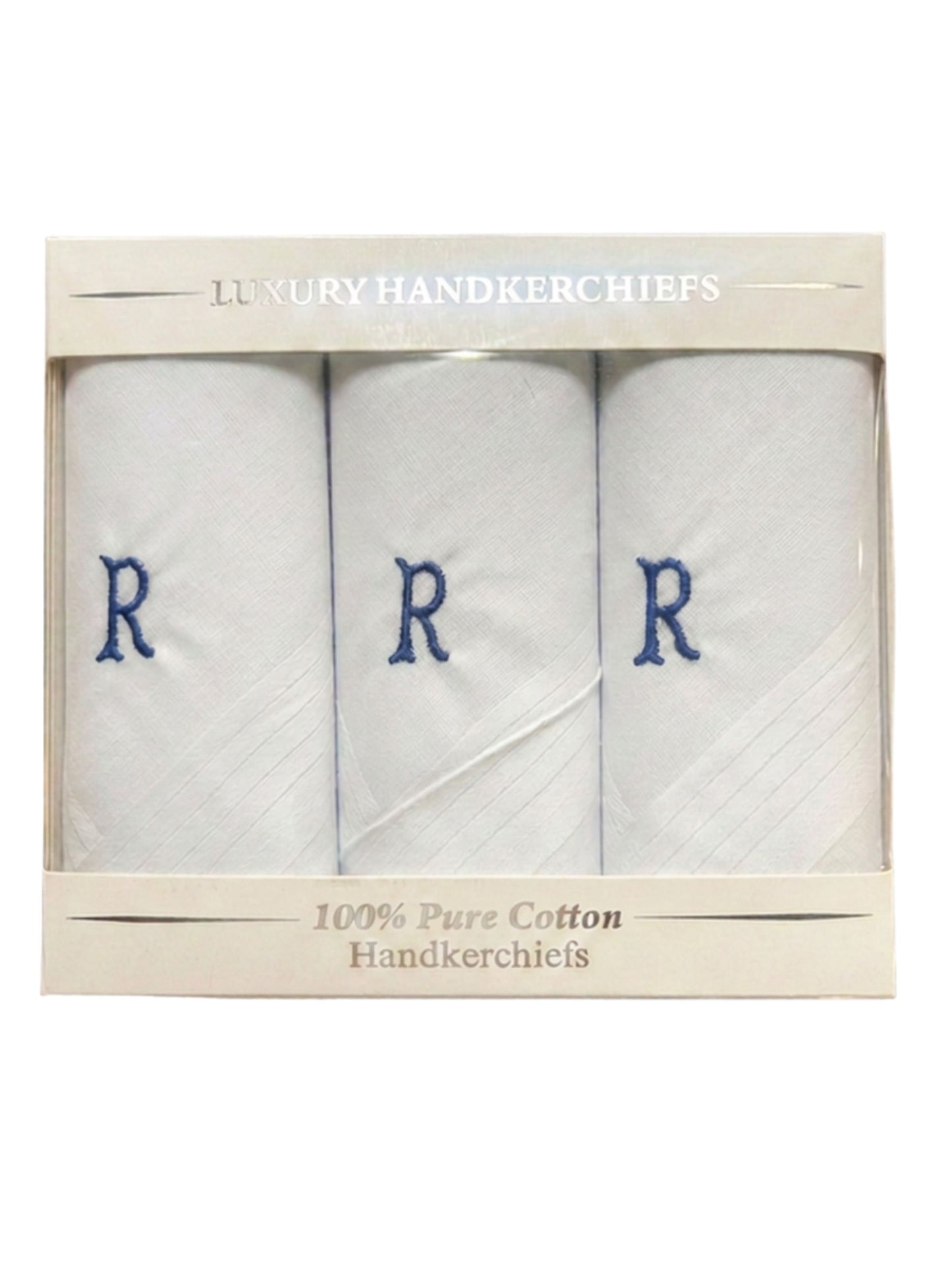 WHITE SATIN HANDKERCHIEF WITH BLUE INITIAL R