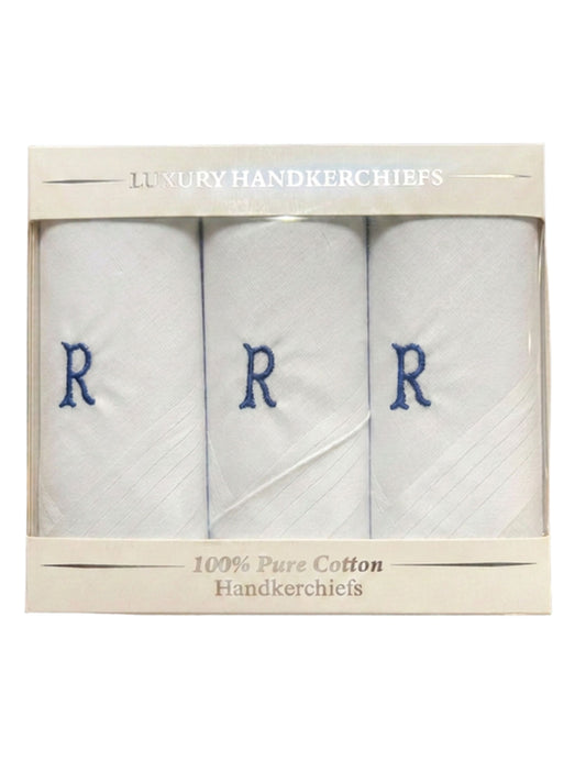 WHITE SATIN HANDKERCHIEF WITH BLUE INITIAL R