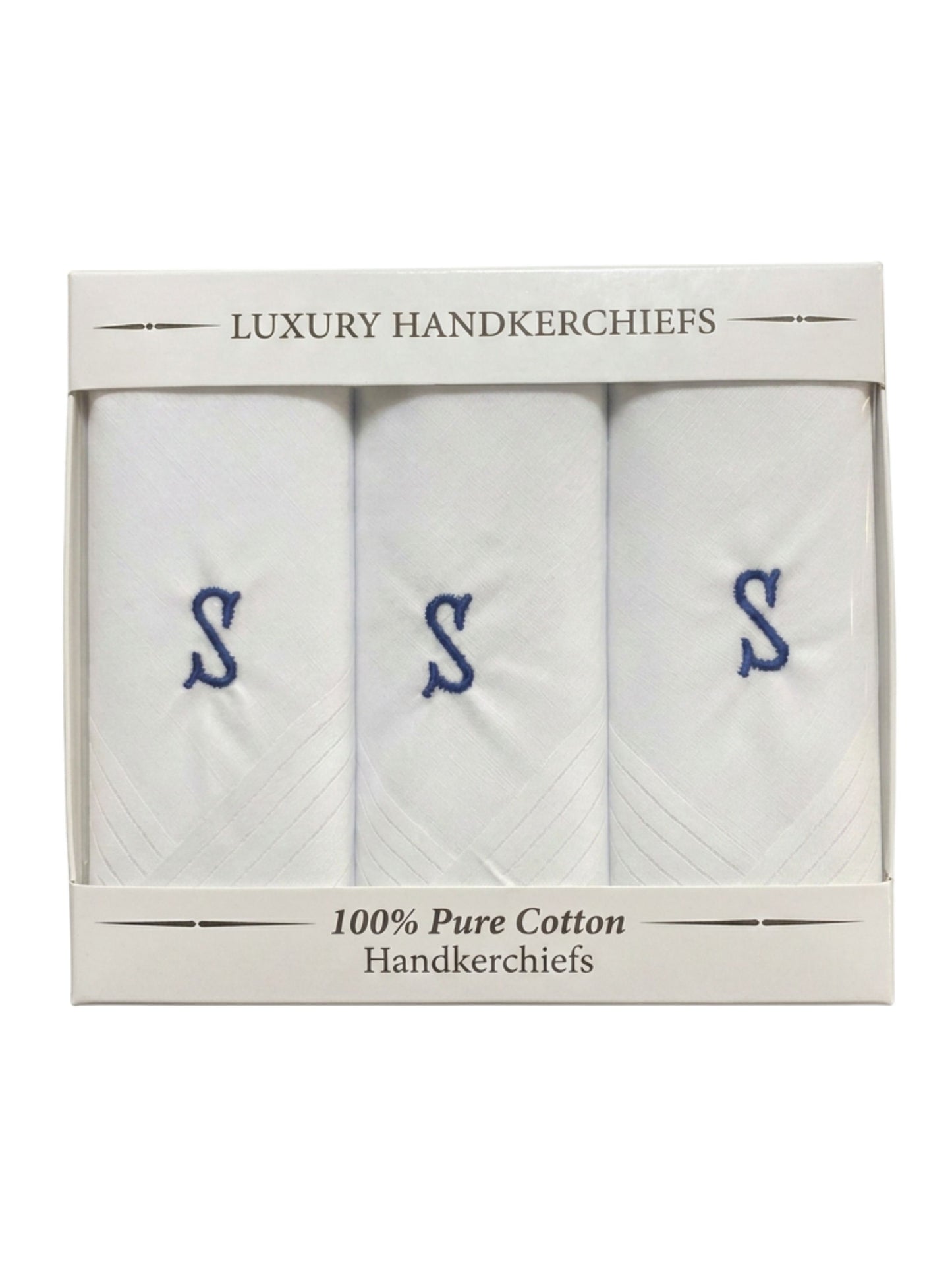 WHITE SATIN HANDKERCHIEF WITH BLUE INITIAL S