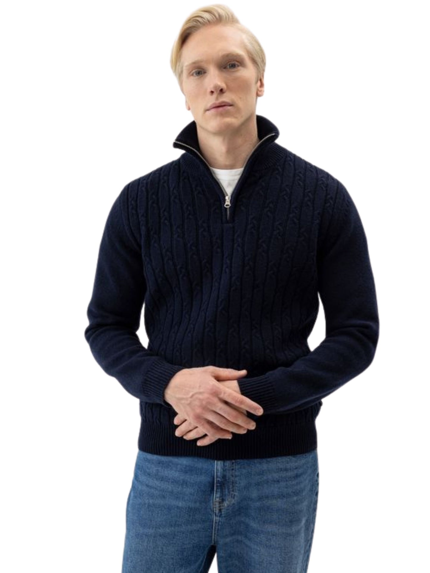 ALVIN NAVY MERINO CASHMERE BLEND WINDPROOF QUARTER ZIP TURTLENECK JUMPER