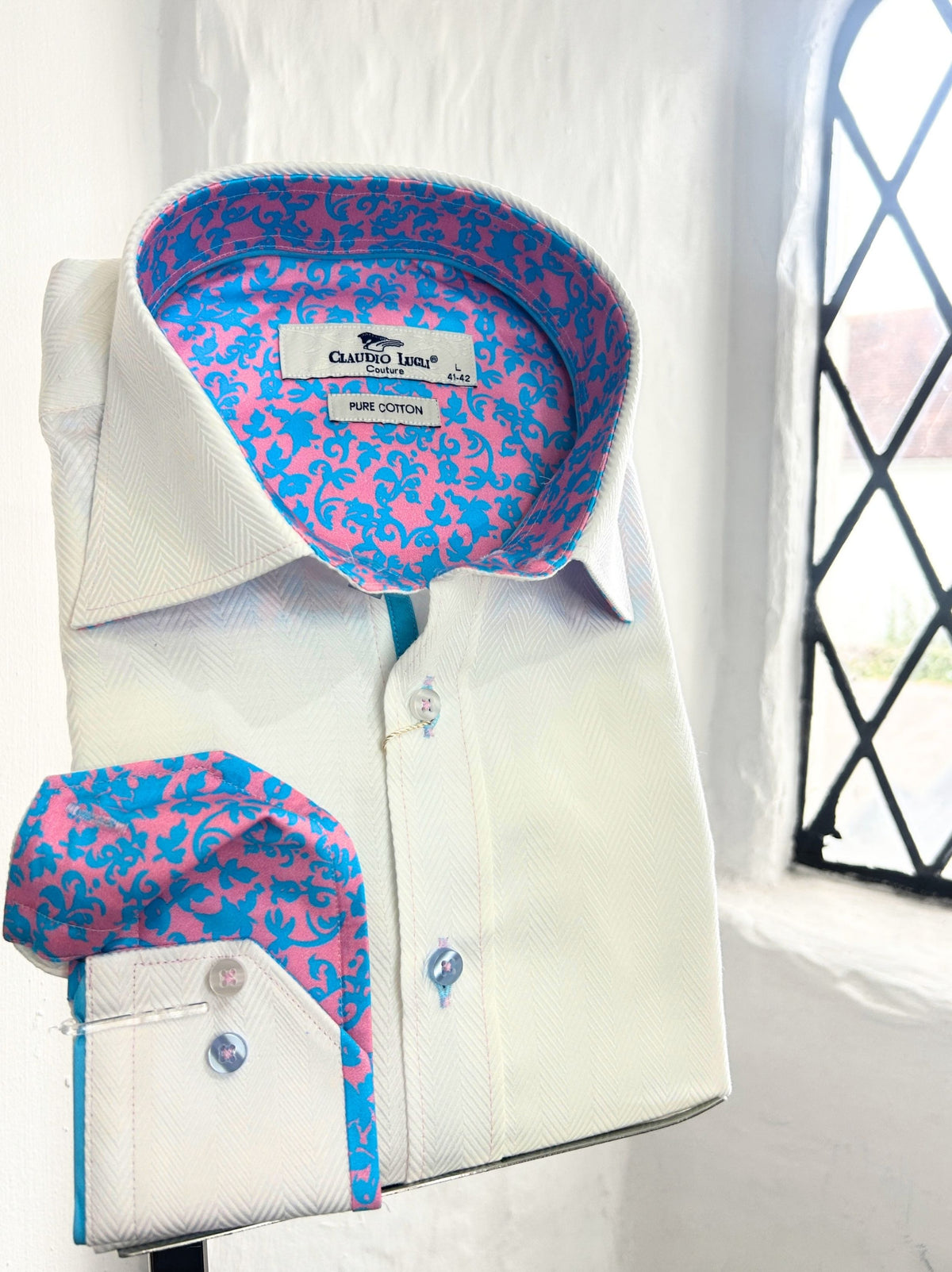 WHITE HERRINGBONE JACQUARD LONG SLEEVE SHIRT