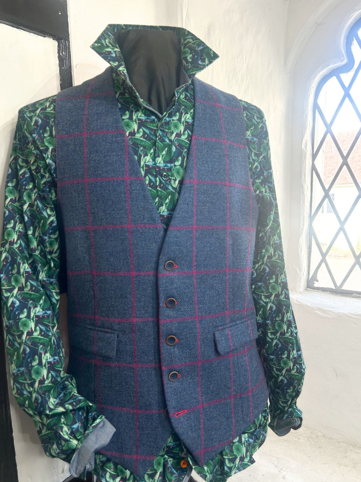 PETER SLATE BLUE WITH RED OVERCHECK WOOL WAISTCOAT