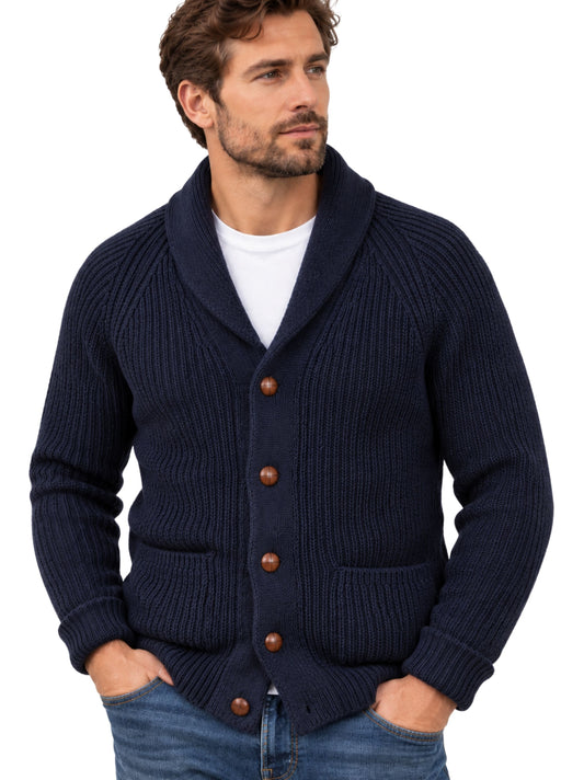 NAVY SHAWL COLLAR WOOL CARDIGAN