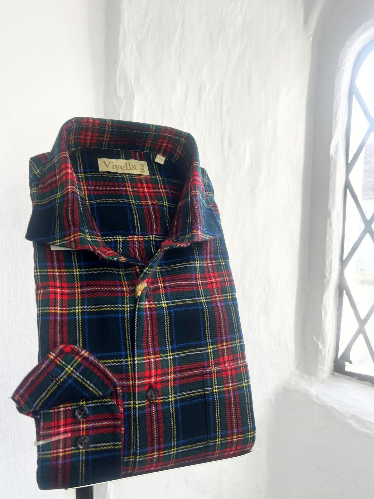 STEWART BLACK MODERN TARTAN BRUSHED COTTON LONG SLEEVE SHIRT