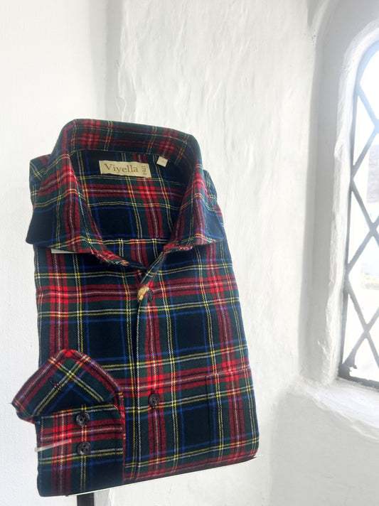 STEWART BLACK MODERN TARTAN BRUSHED COTTON LONG SLEEVE SHIRT