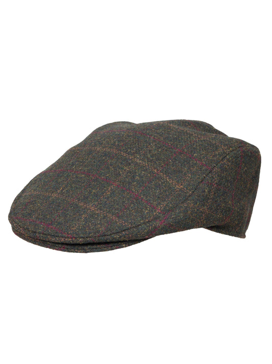 DENTS OLIVE CHECK TWEED FLAT CAP