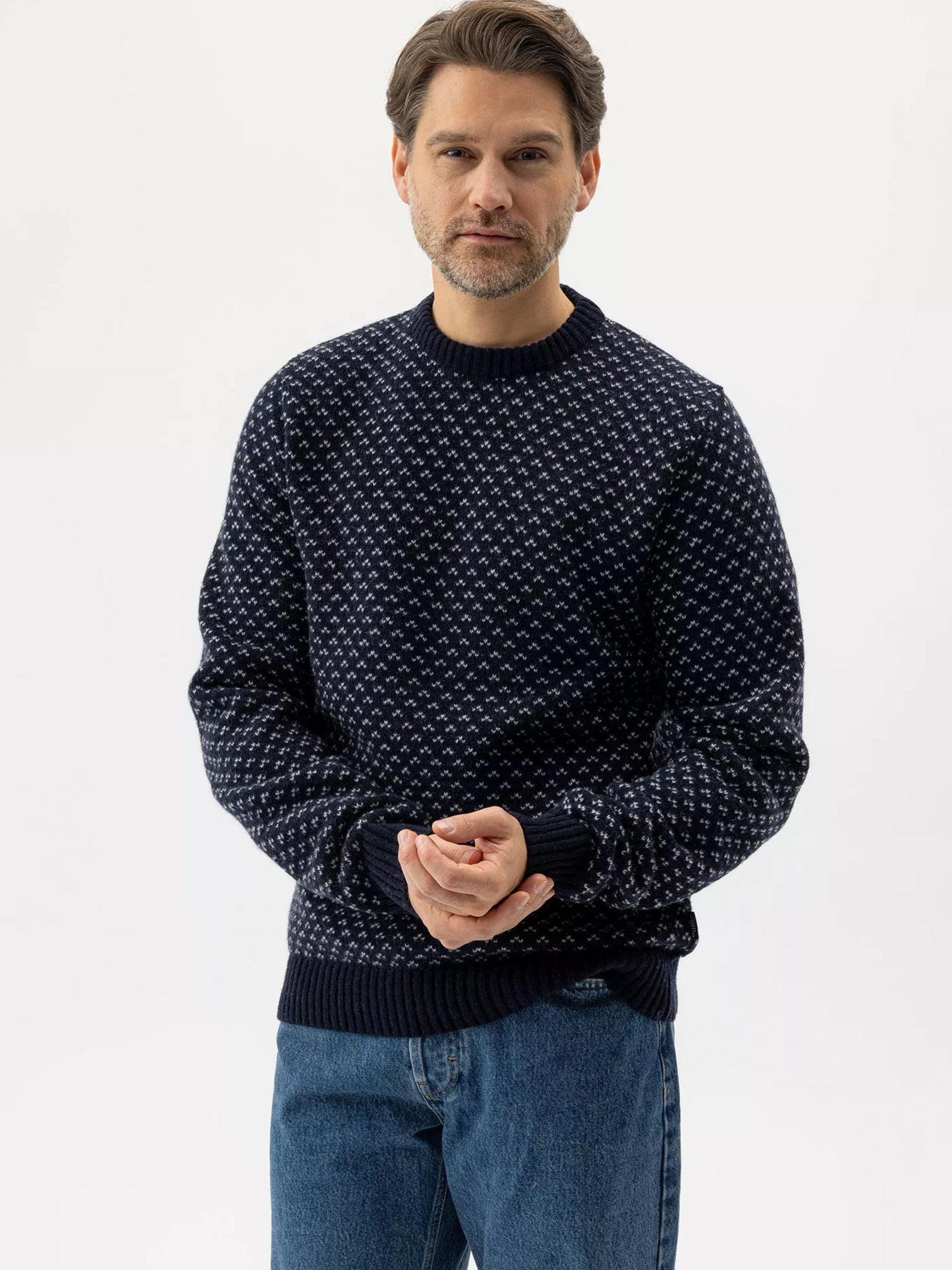NAVY AND MARBLE GREY TORSTEN CREW NECK JUMPER