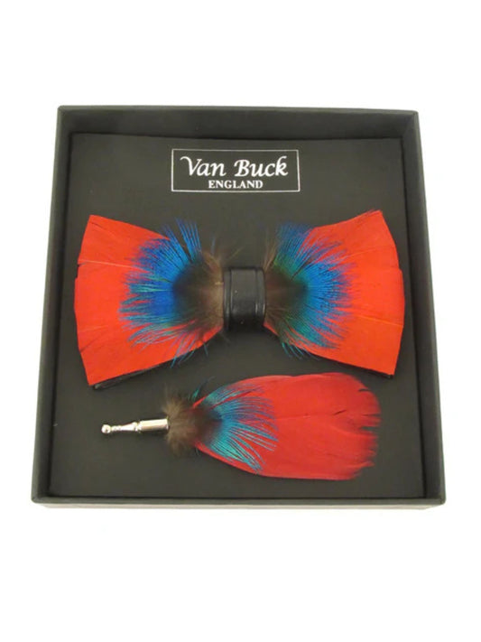 RED WITH TURQUOISE FEATHER BOW TIE & LAPEL PIN SET