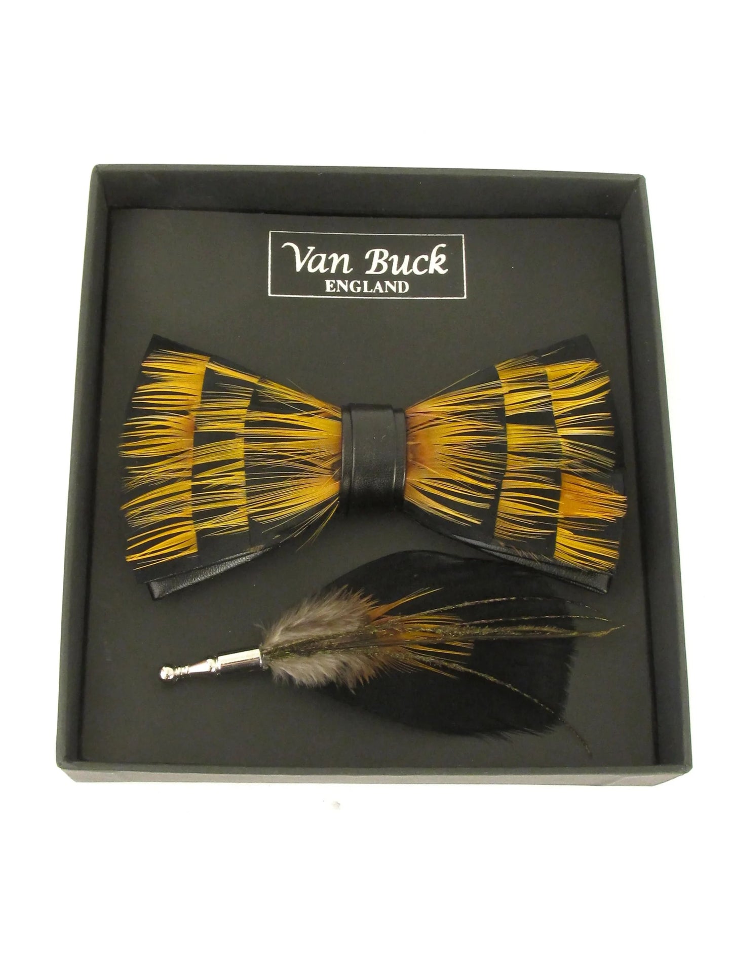 BLACK AND GOLD FEATHER BOW TIE & LAPEL PIN SET