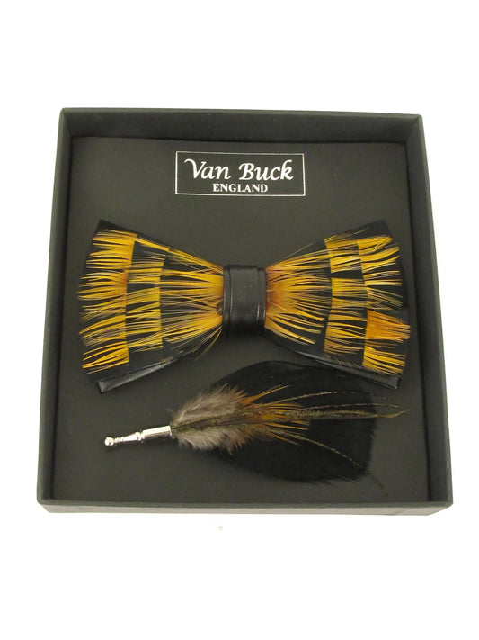 BLACK AND GOLD FEATHER BOW TIE & LAPEL PIN SET