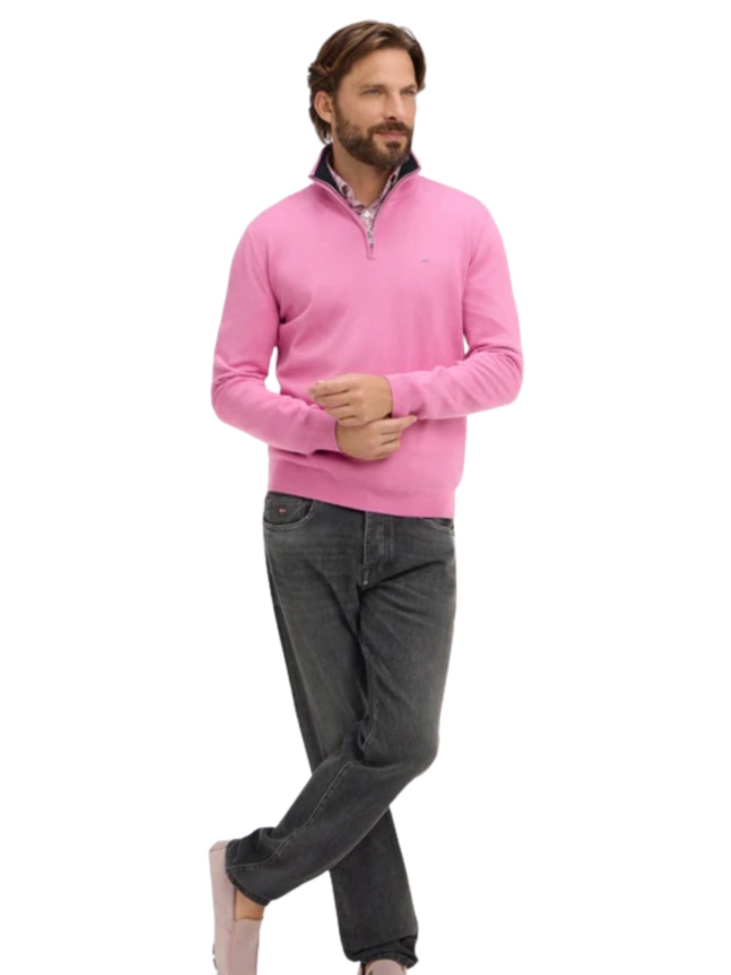 PINK COTTON TRUCKER COLLAR LONG SLEEVE JUMPER