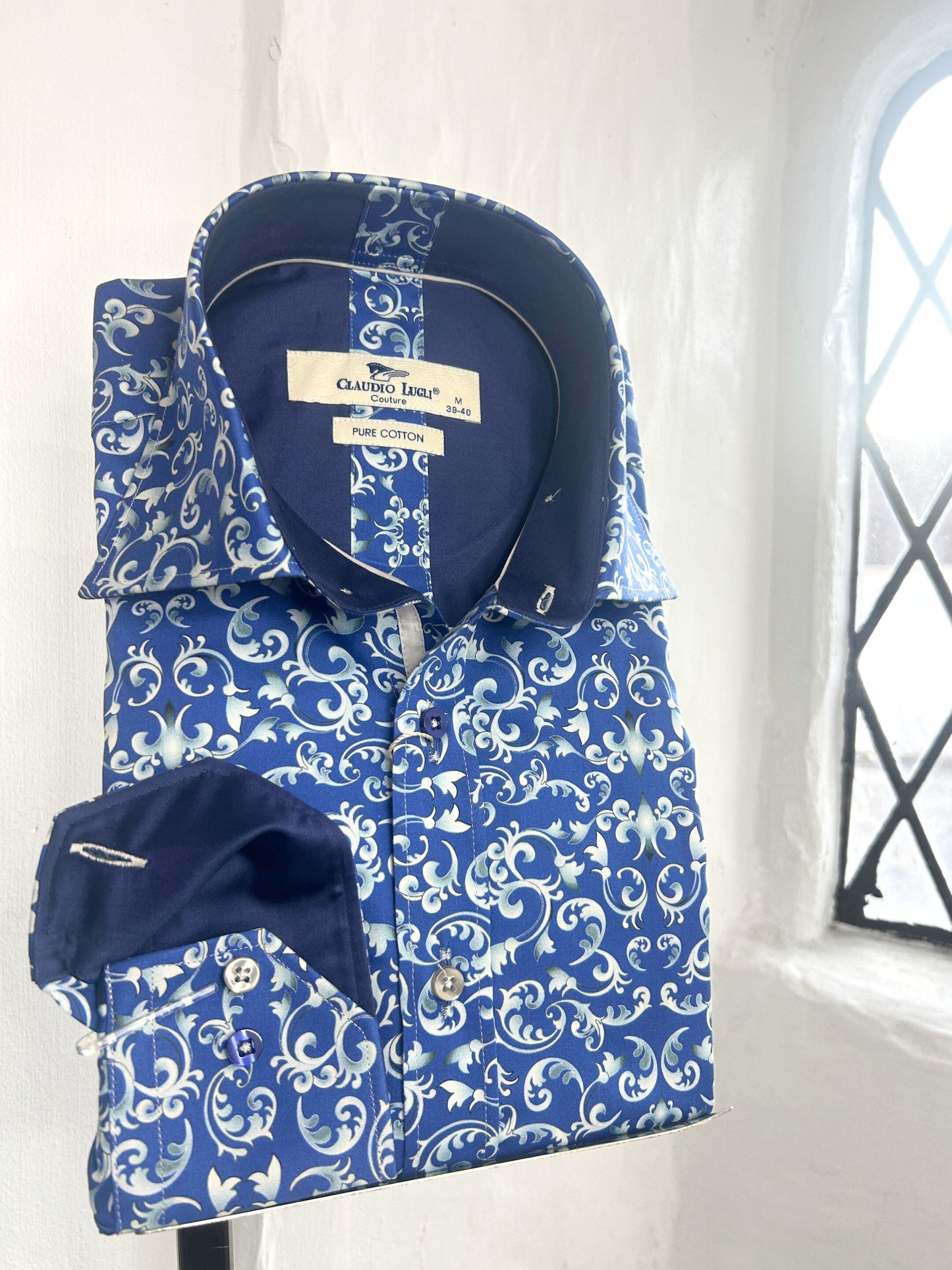 MID BLUE WITH SILVER ORNAMENT PRINT LONG SLEEVE SHIRT