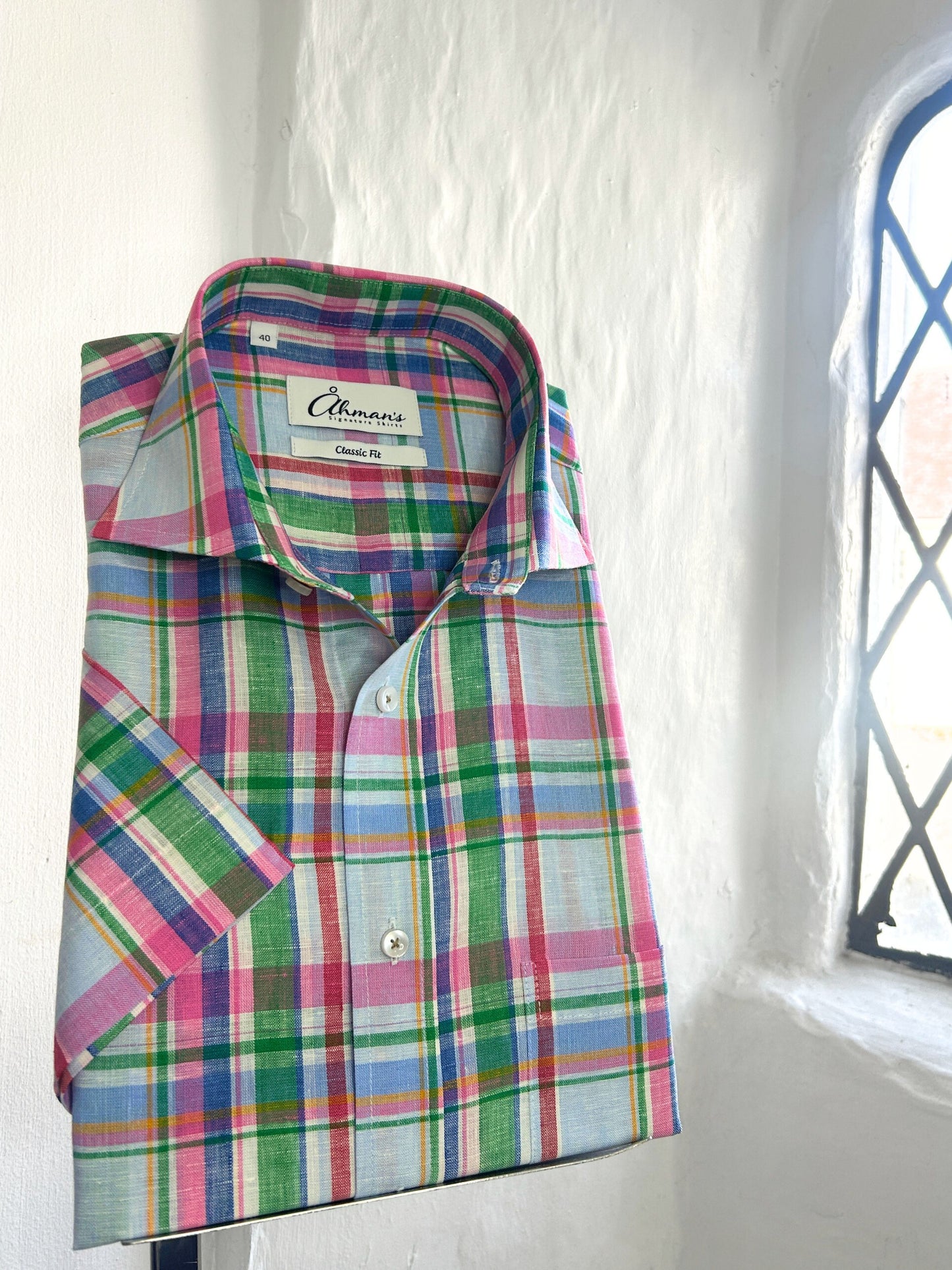 PINK, GREEN AND BLUE CHECK DESIGN LINEN SHORT SLEEVED SHIRT