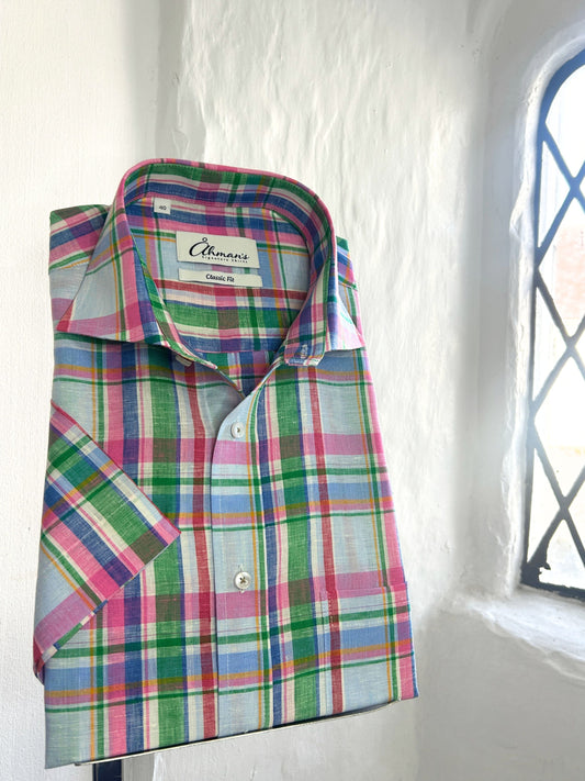 PINK, GREEN AND BLUE CHECK DESIGN LINEN SHORT SLEEVED SHIRT