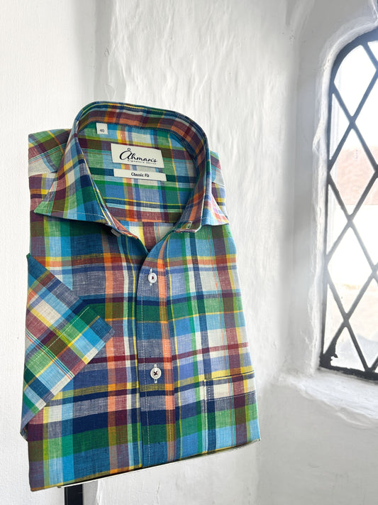 BLUE, ORANGE AND GREEN CHECK DESIGN LINEN SHORT SLEEVED SHIRT