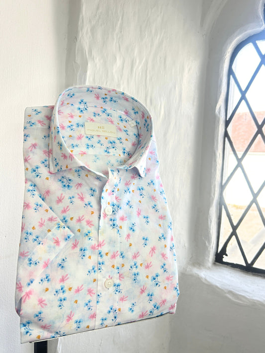 WHITE WITH BLUE AND PINK FLORAL PRINT COTTON SHORT SLEEVE SHIRT