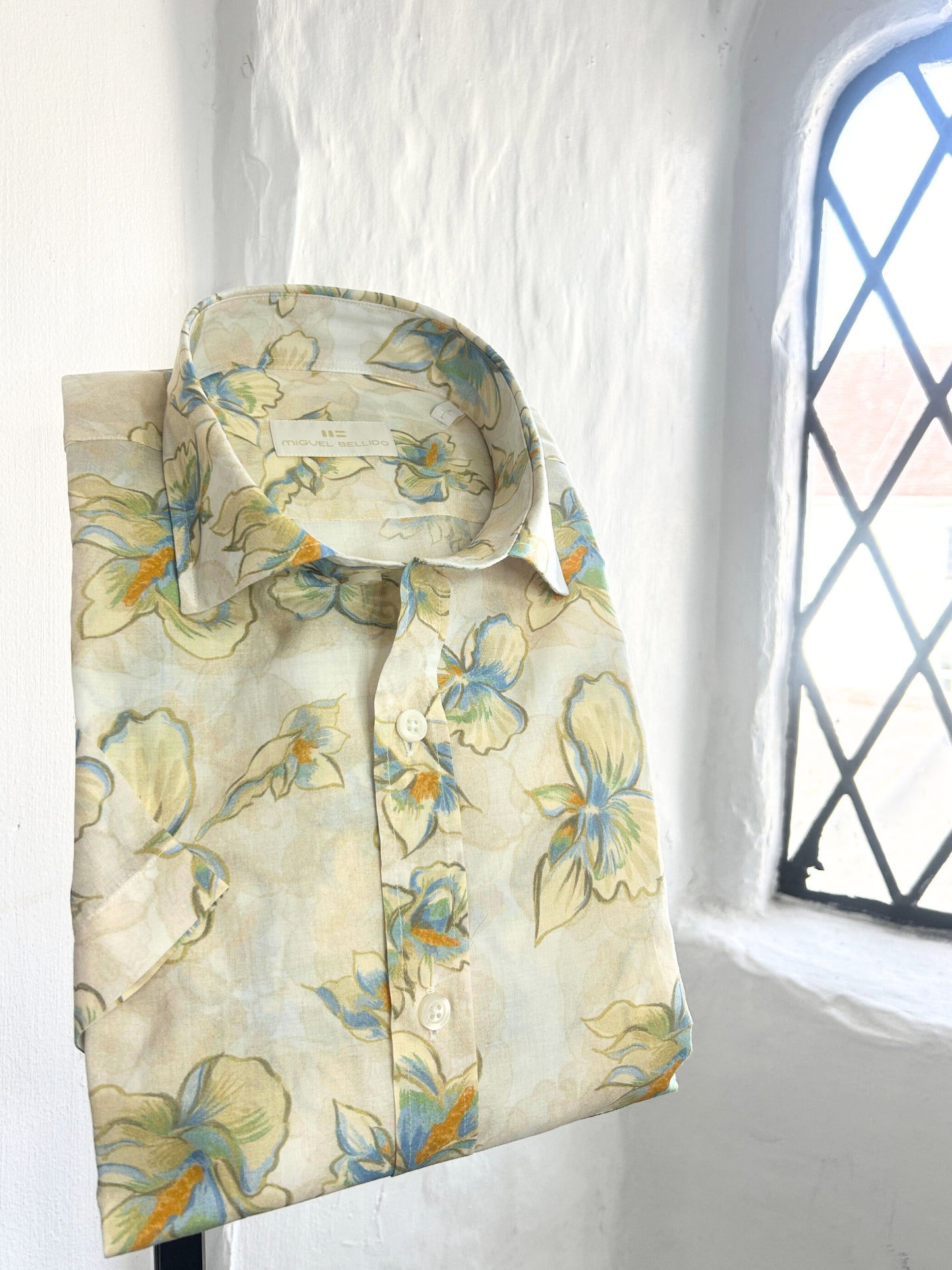 PASTEL BLUE AND GREEN FLORAL PRINT COTTON SHORT SLEEVE SHIRT