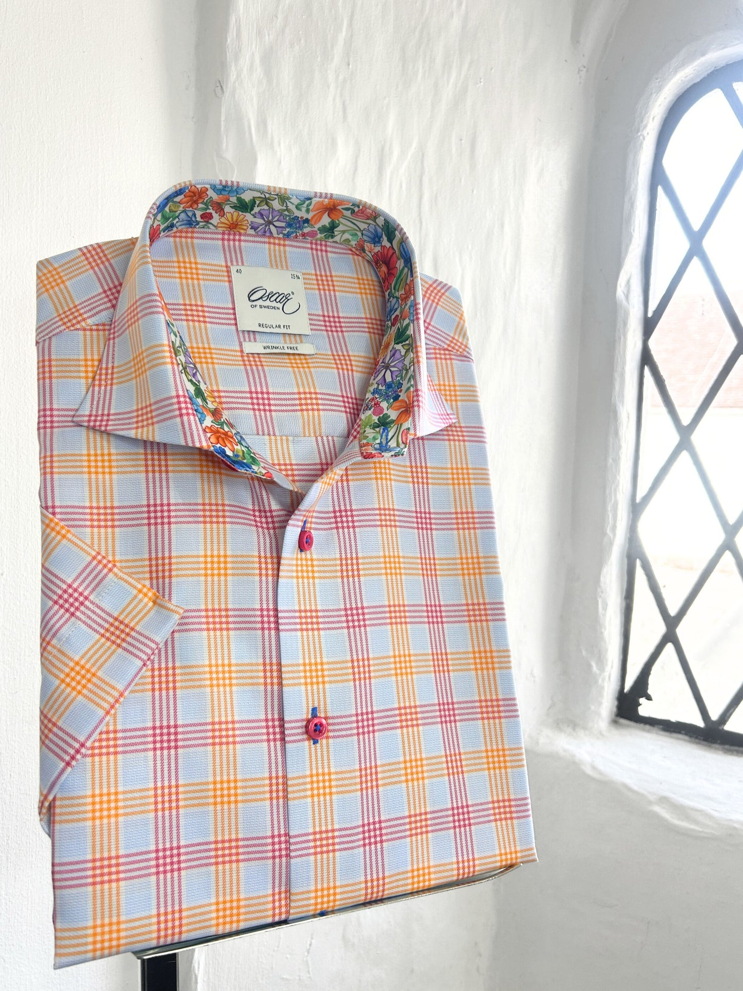 OSCAR SOFT ORANGE CHECK SHORT SLEEVE SHIRT WITH FLORAL INSERT