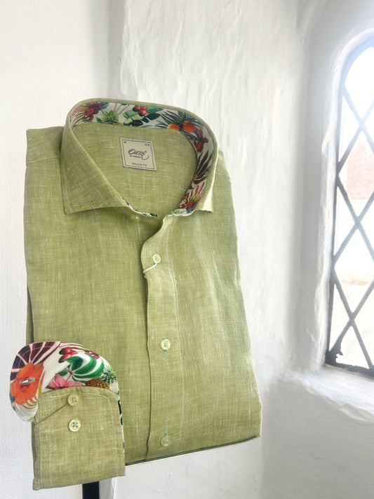 OSCAR LODEN GREEN PURE LINEN LONG SLEEVE SHIRT WITH TROPICAL INSERT
