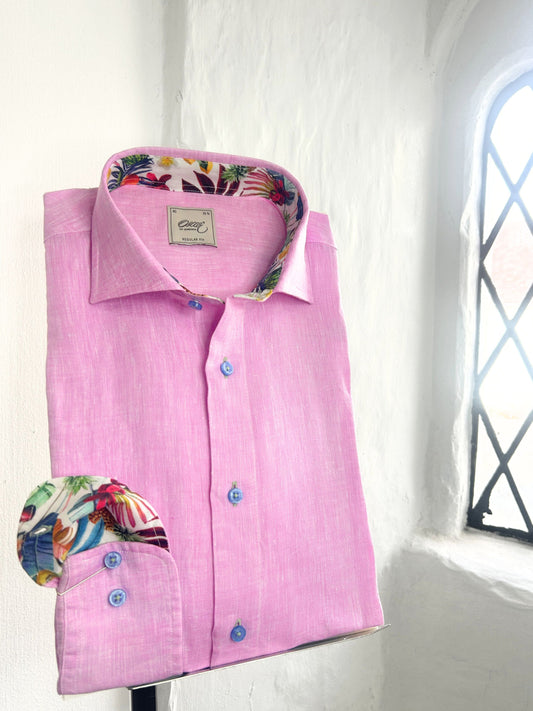 OSCAR CRYSTAL PINK PURE LINEN LONG SLEEVE SHIRT WITH TROPICAL INSERT