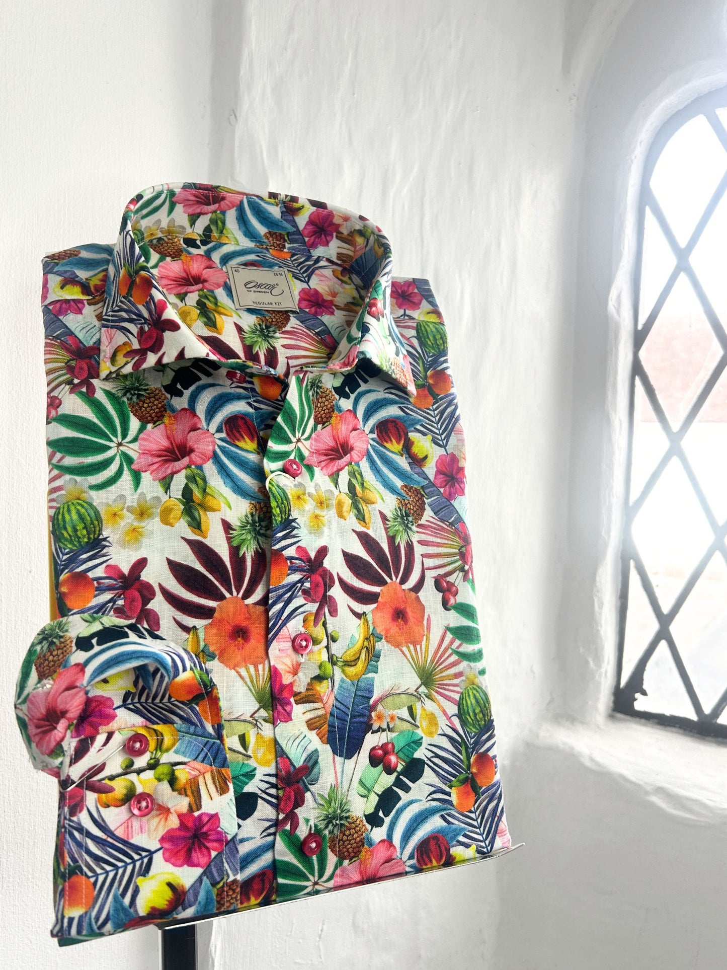 OSCAR TROPICAL PRINT PURE LINEN LONG SLEEVE SHIRT