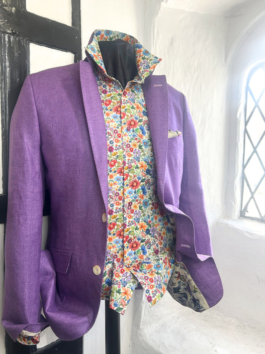 CASINO PURPLE HERRINGBONE LINEN JACKET WITH MUSICAL & FLORAL DESIGN LINING