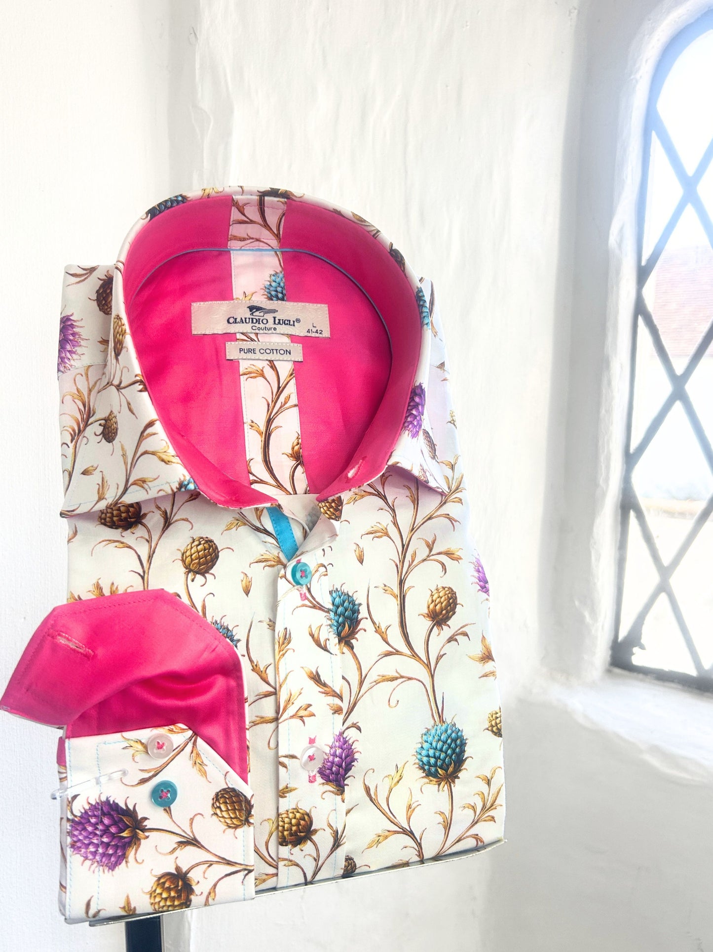 PURPLE, BLUE AND BROWN THISTLE PRINT WHITE LONG SLEEVE SHIRT