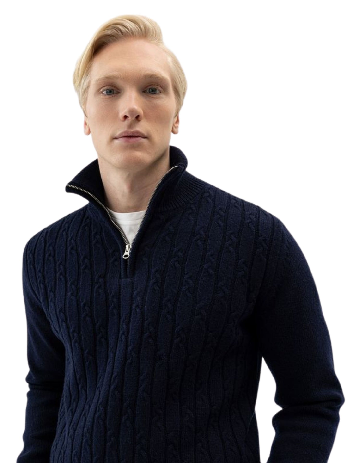 ALVIN NAVY MERINO CASHMERE BLEND WINDPROOF QUARTER ZIP TURTLENECK JUMPER