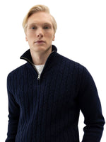 ALVIN NAVY MERINO CASHMERE BLEND WINDPROOF QUARTER ZIP TURTLENECK JUMPER